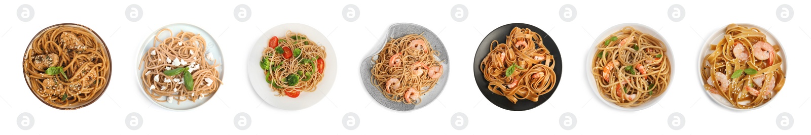 Image of Set of buckwheat noodles with different ingredients on white background, top view. Banner design