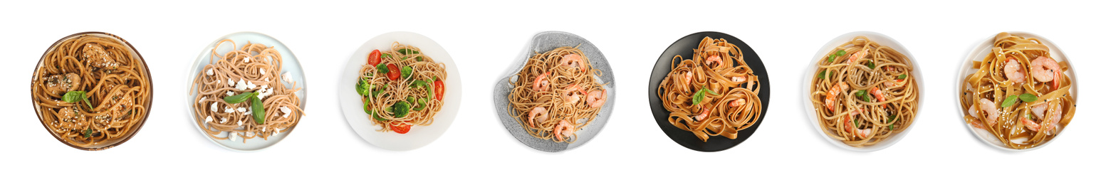 Image of Set of buckwheat noodles with different ingredients on white background, top view. Banner design