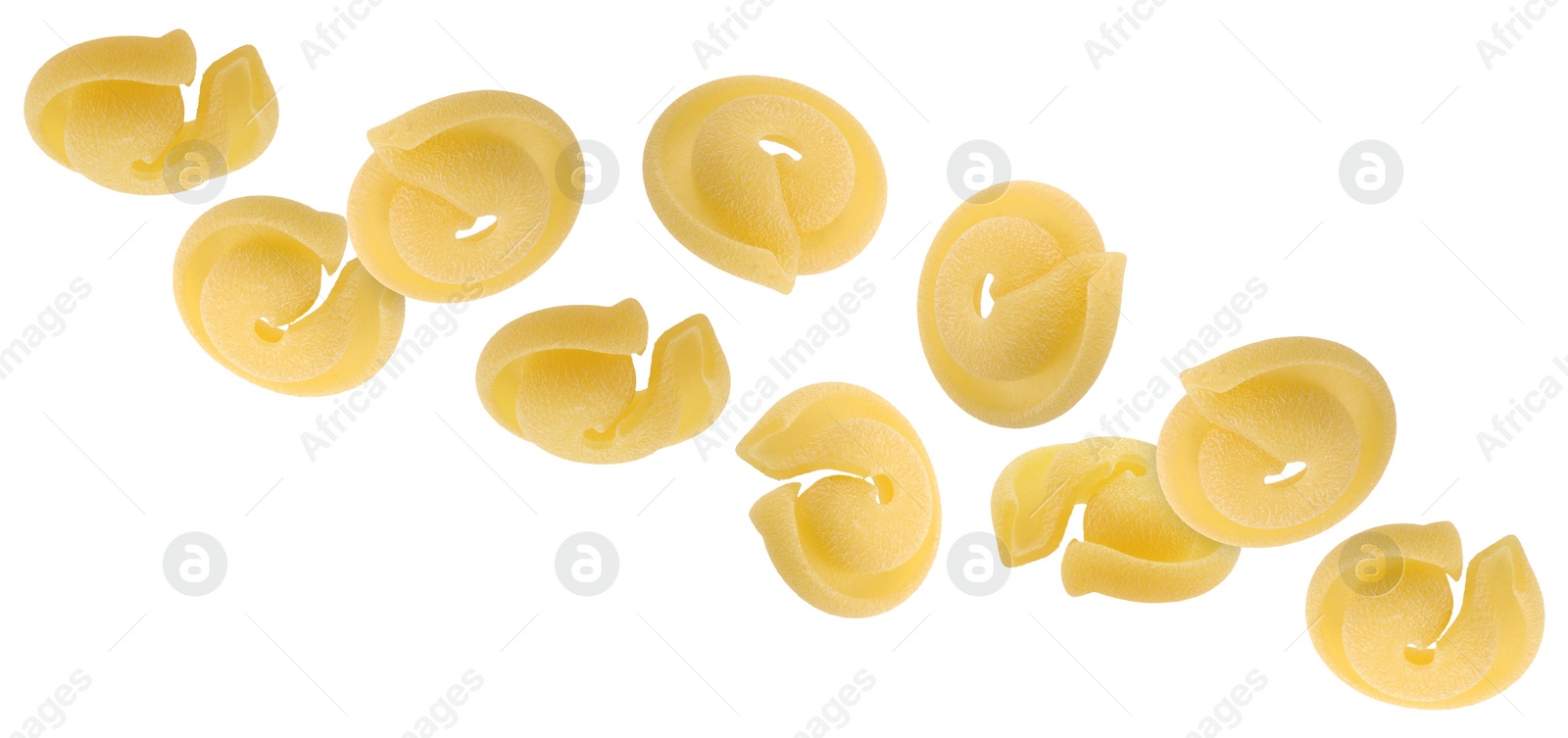 Image of Raw dischi volanti pasta flying on white background