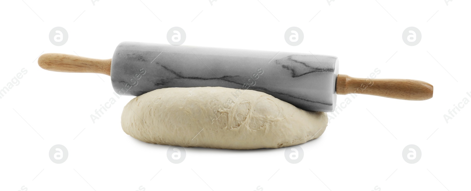 Photo of Raw dough and rolling pin isolated on white