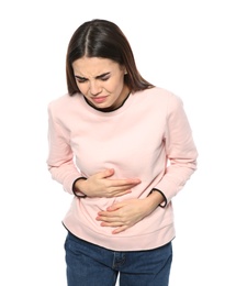 Young woman suffering from digestive disorder isolated on white