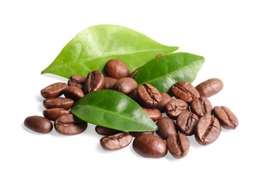 Photo of Roasted coffee beans and leaves isolated on white