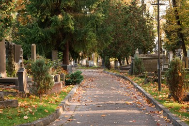 Photo of Viewcemetery with granite tombstones and paved footpath on sunny day. Funeral ceremony