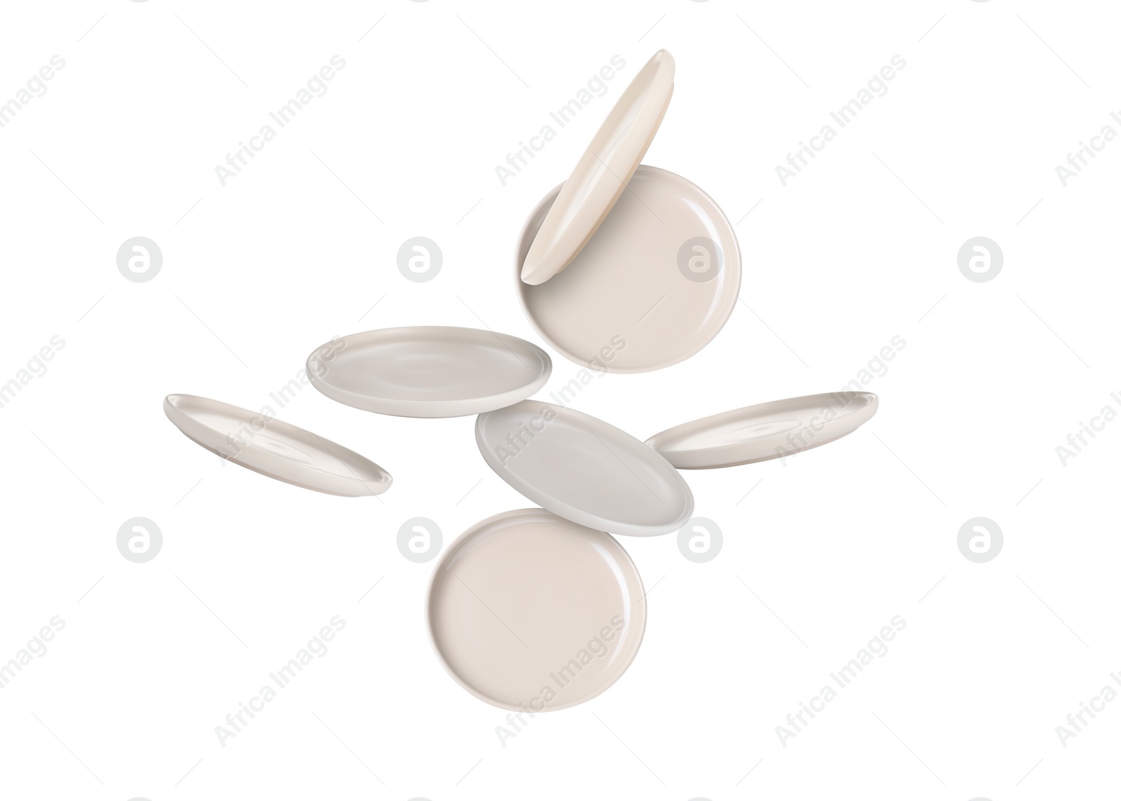 Image of Many beige plates falling on white background