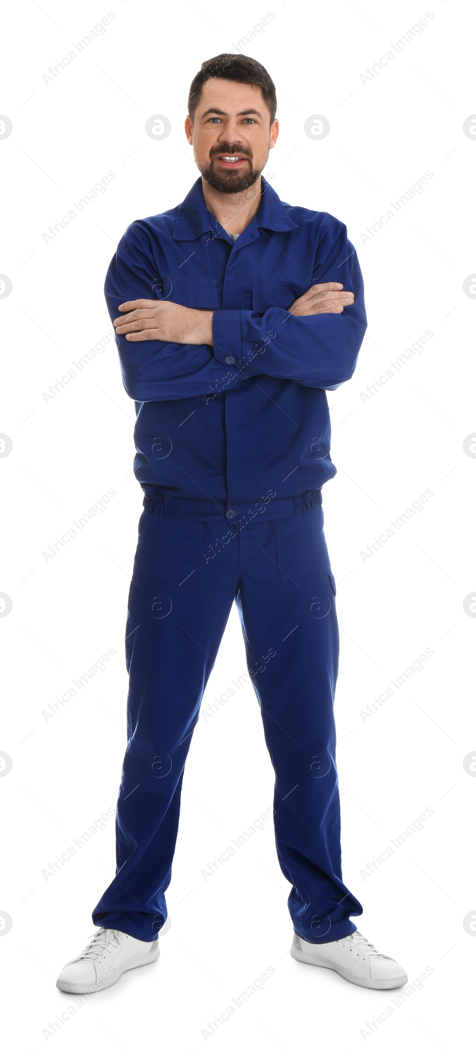 Photo of Full length portrait of professional auto mechanic on white background