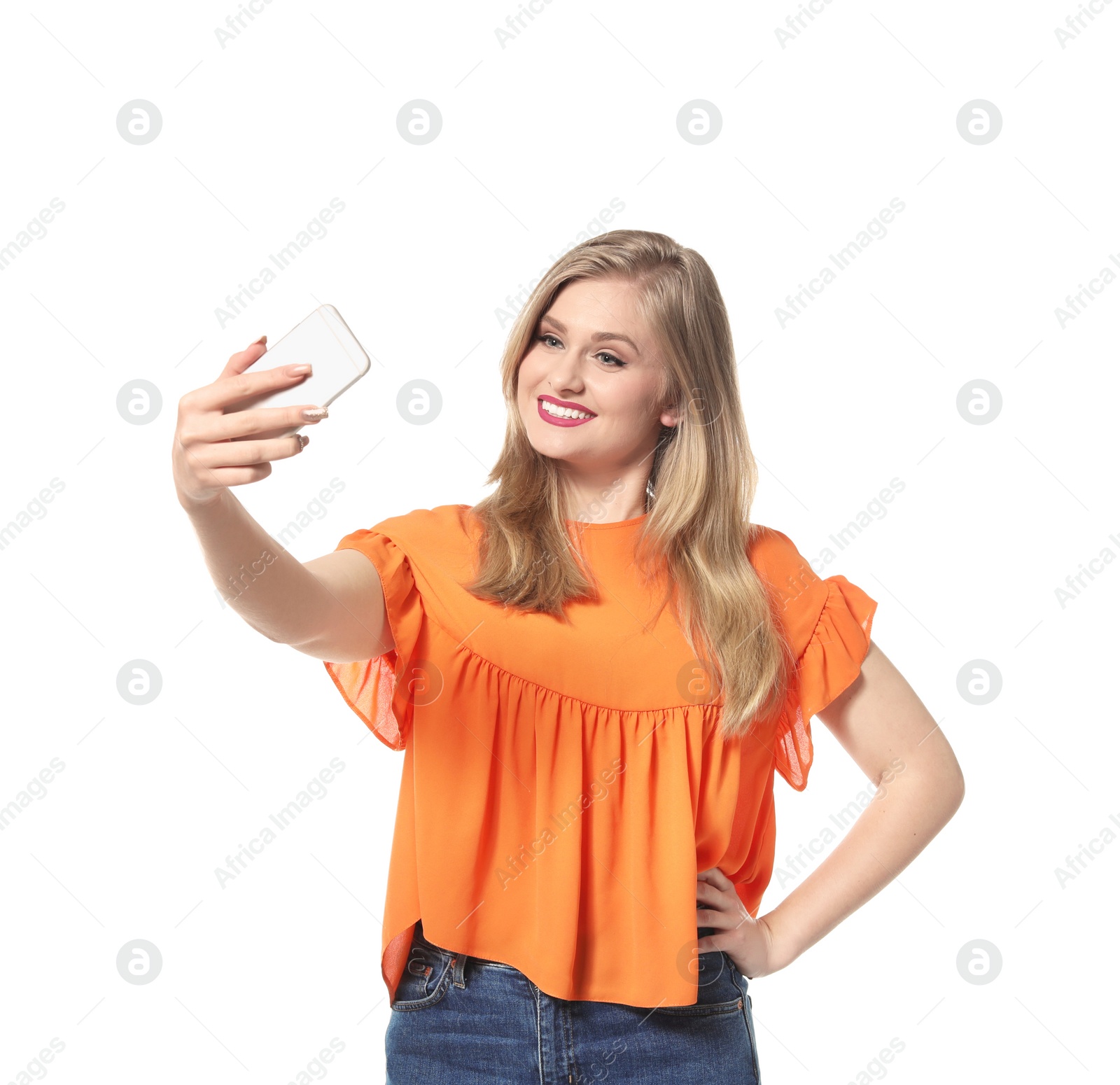 Photo of Attractive young woman taking selfie on white background