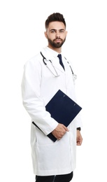 Young male doctor in uniform with clipboard isolated on white