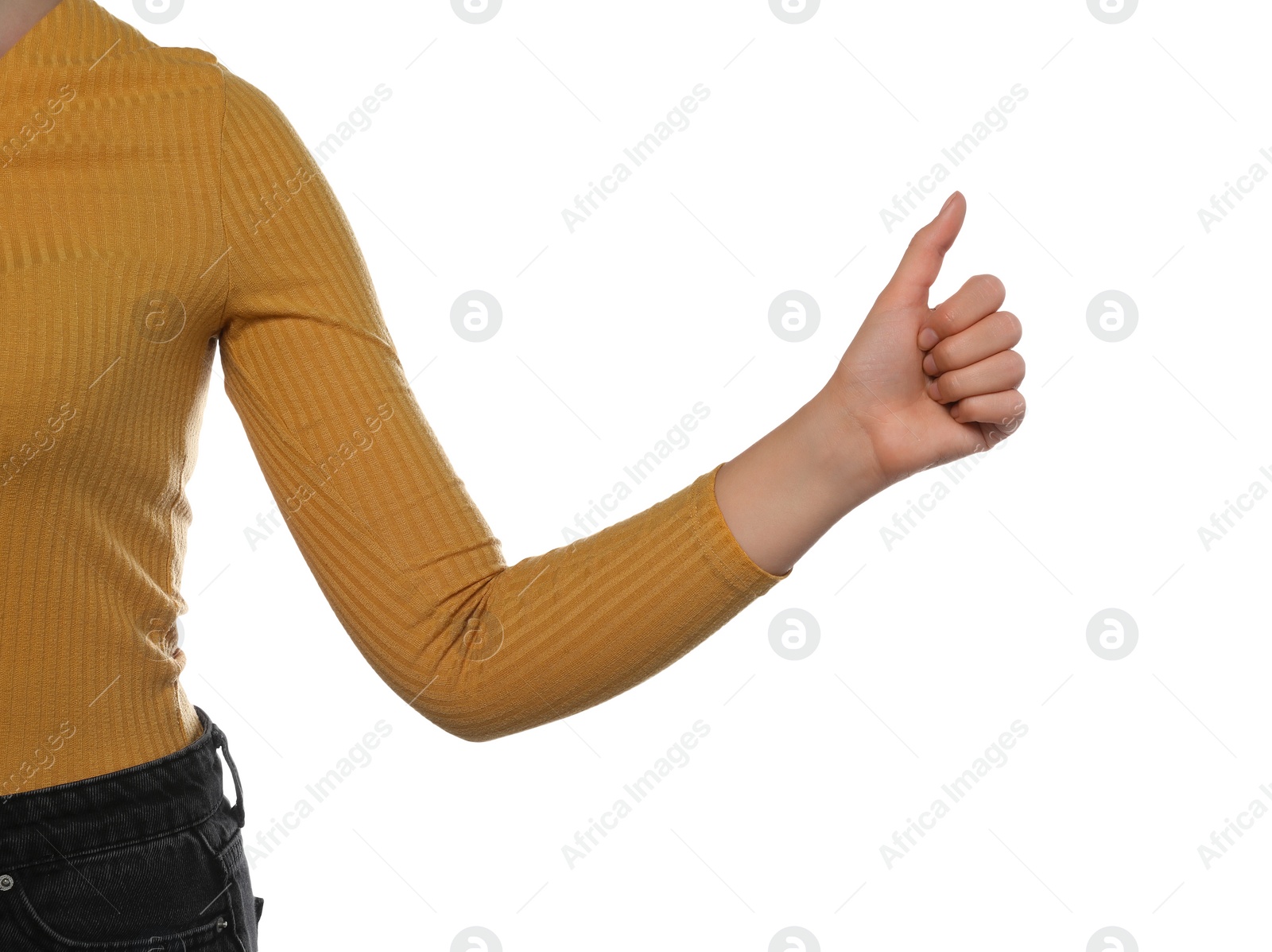 Photo of Woman hitchhiking on white background, closeup view