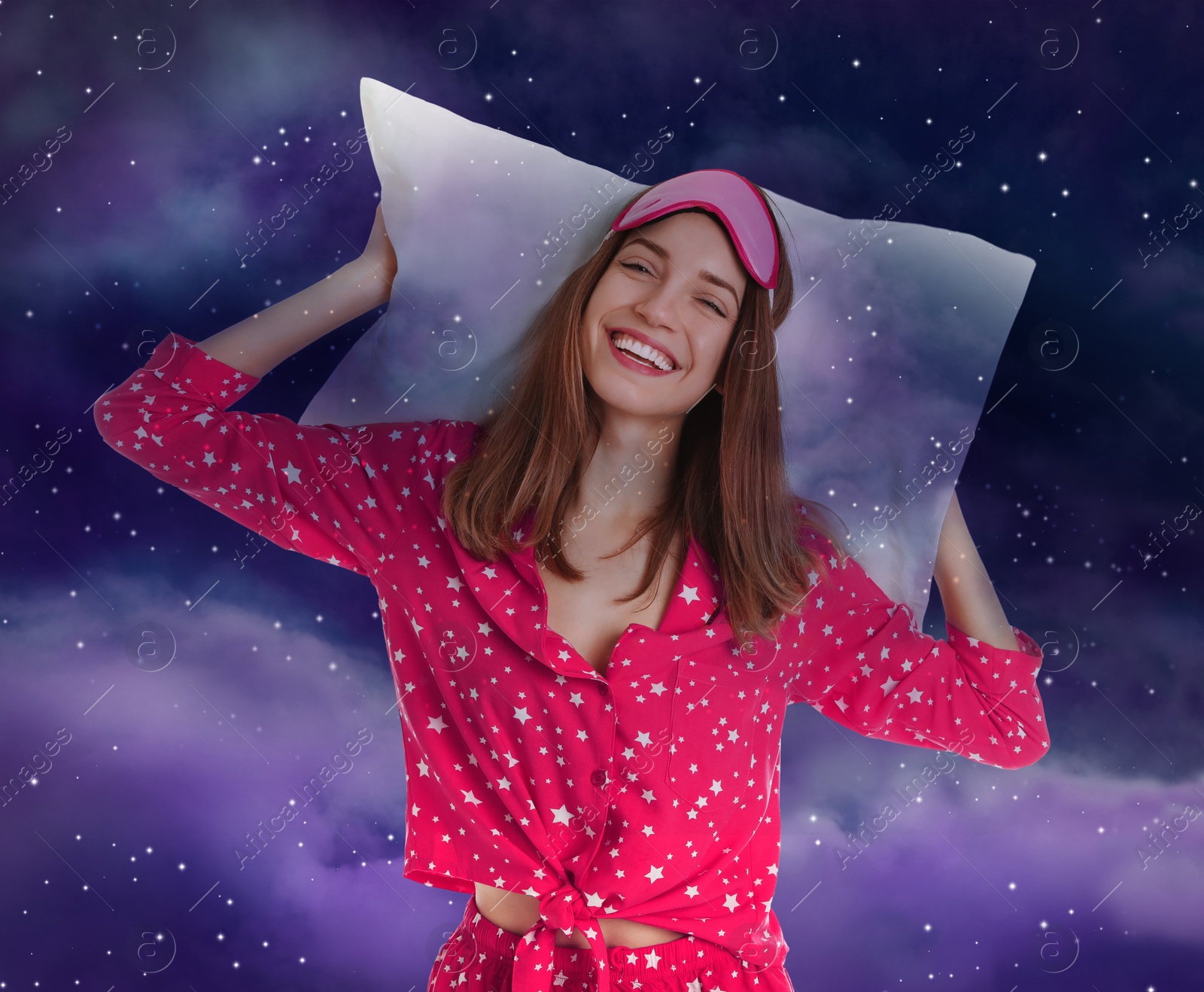 Image of Double exposure of woman with pillow and night starry sky. Bedtime