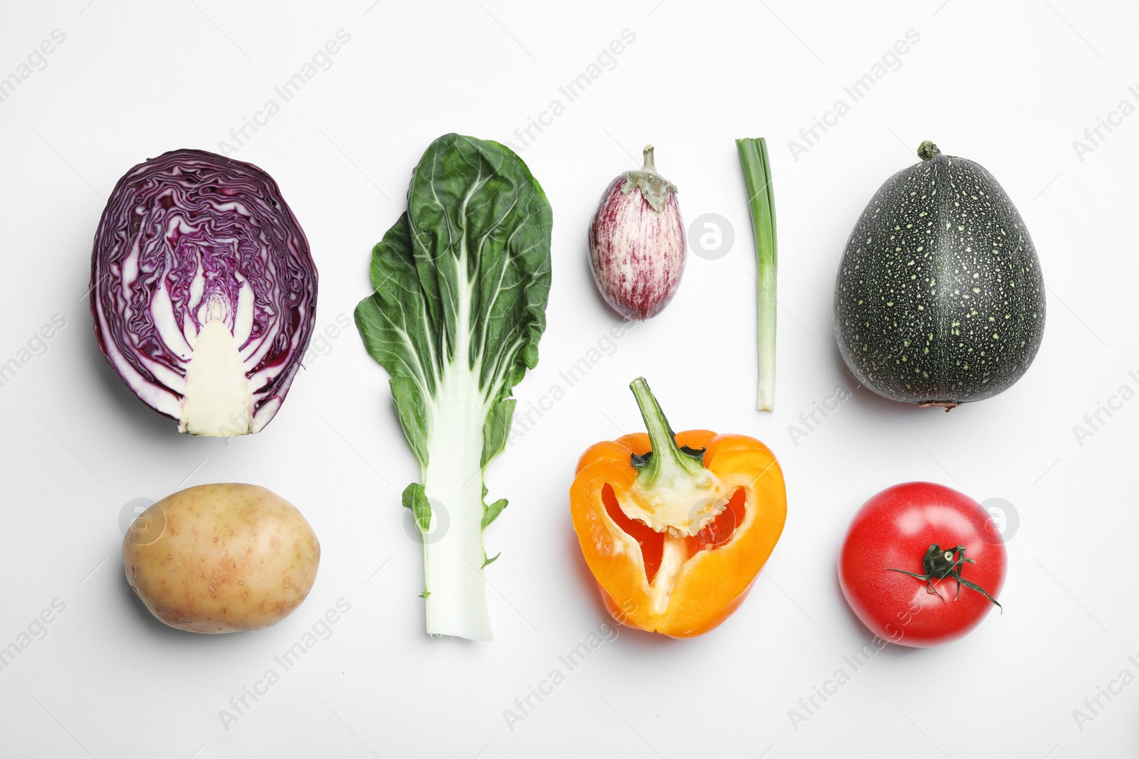 Photo of Flat lay composition with fresh ripe vegetables on white background