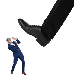 Image of Giant stepping onto small man on white background