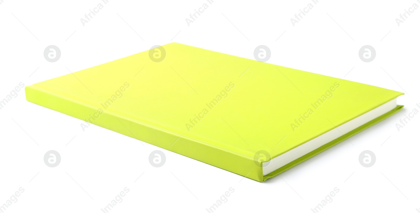 Photo of Stylish yellow notebook isolated on white. Office stationery