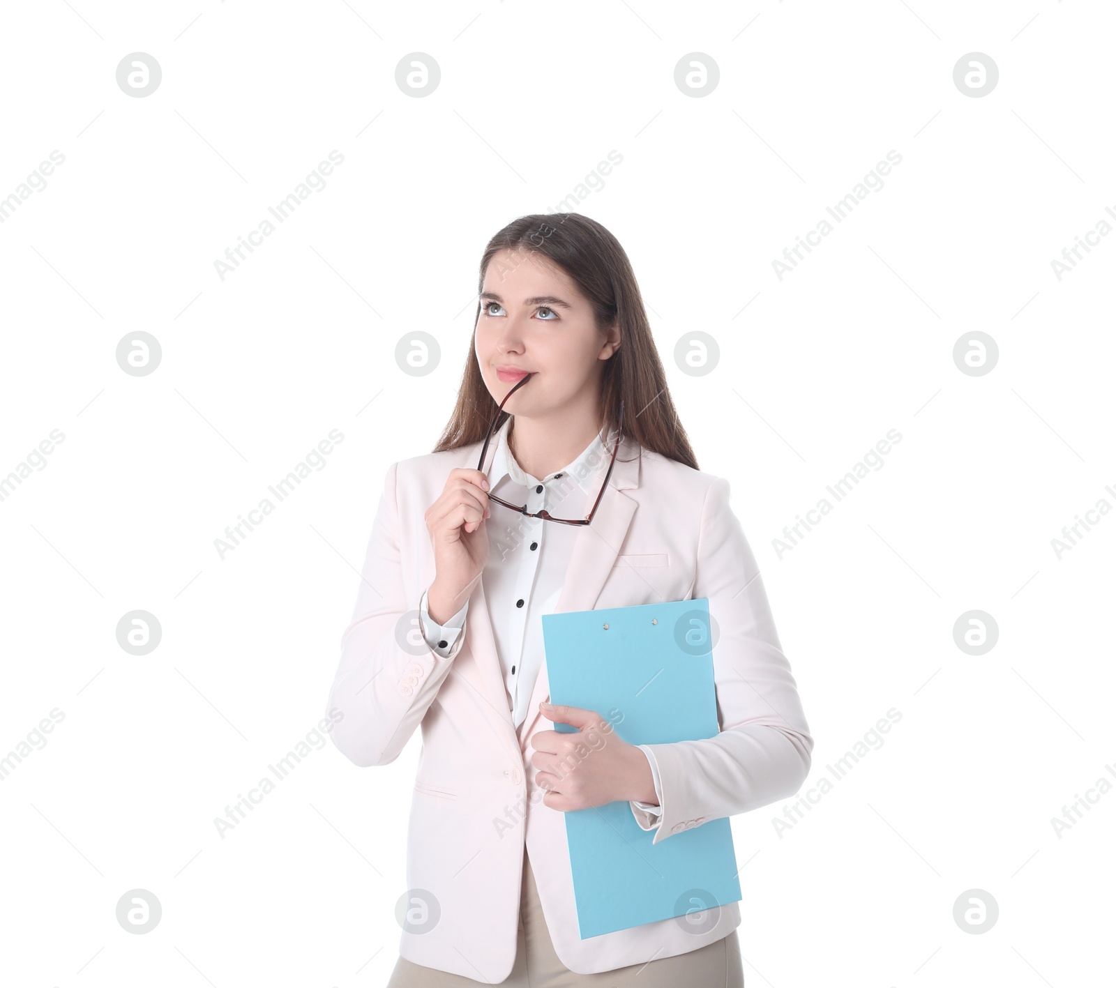 Photo of Portrait of young businesswoman on white background