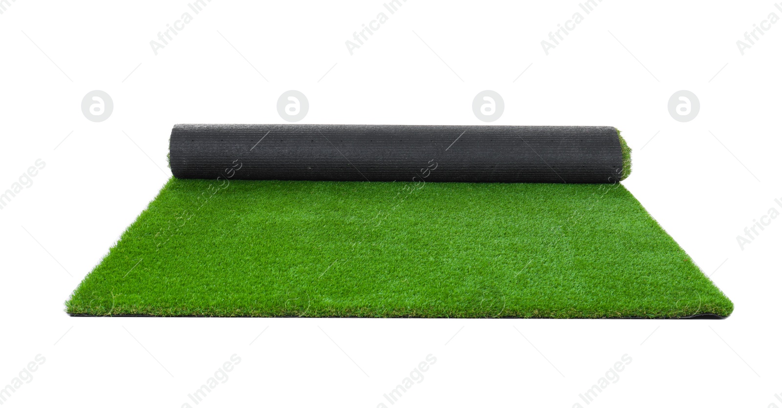 Photo of Rolled artificial grass carpet on white background. Exterior element