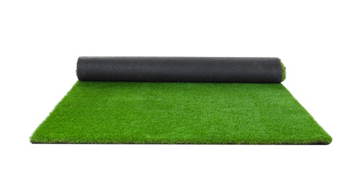 Photo of Rolled artificial grass carpet on white background. Exterior element