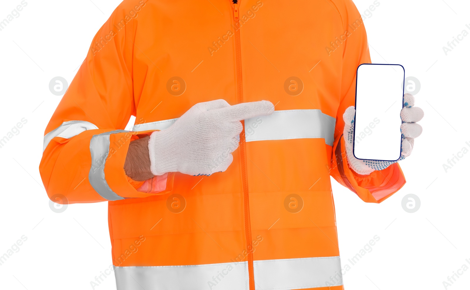 Photo of Man in reflective uniform with phone on white background, closeup