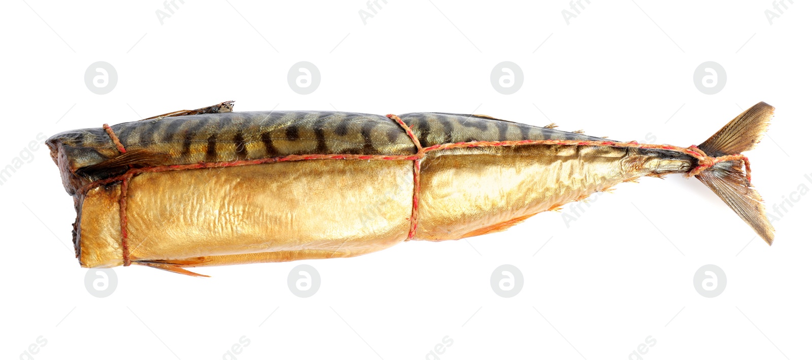 Photo of Tasty smoked fish isolated on white, top view