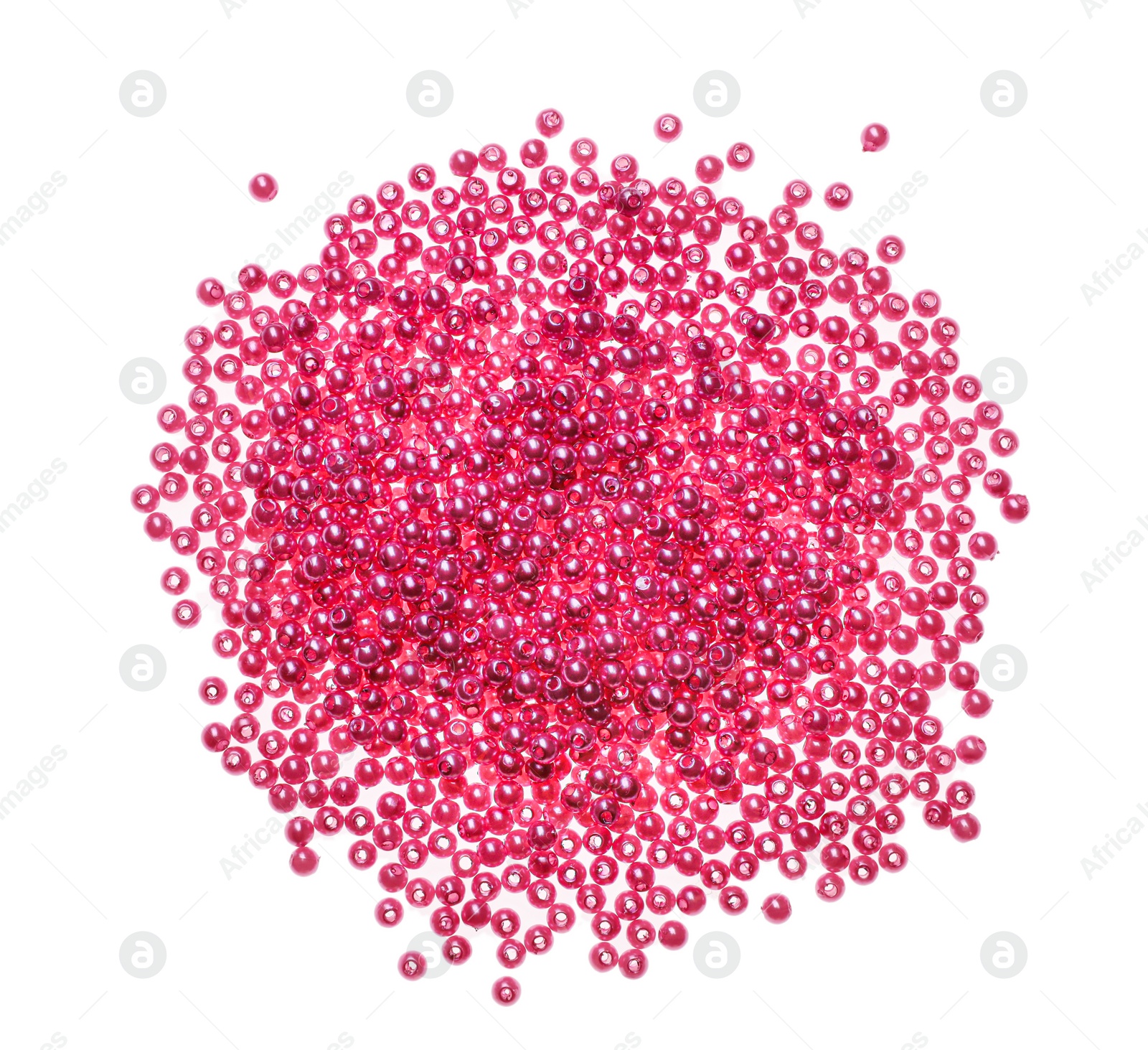 Photo of Pile of pink beads on white background, top view