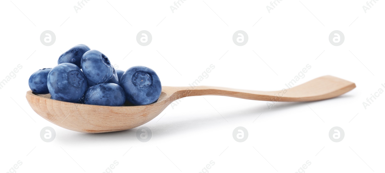 Photo of Wooden spoon full of fresh ripe blueberries on white background