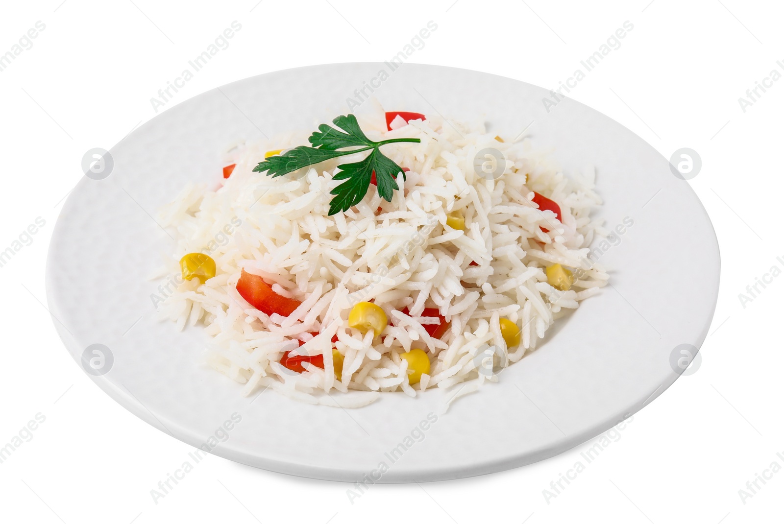 Photo of Delicious rice with vegetables and parsley isolated on white