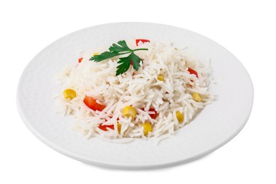 Photo of Delicious rice with vegetables and parsley isolated on white