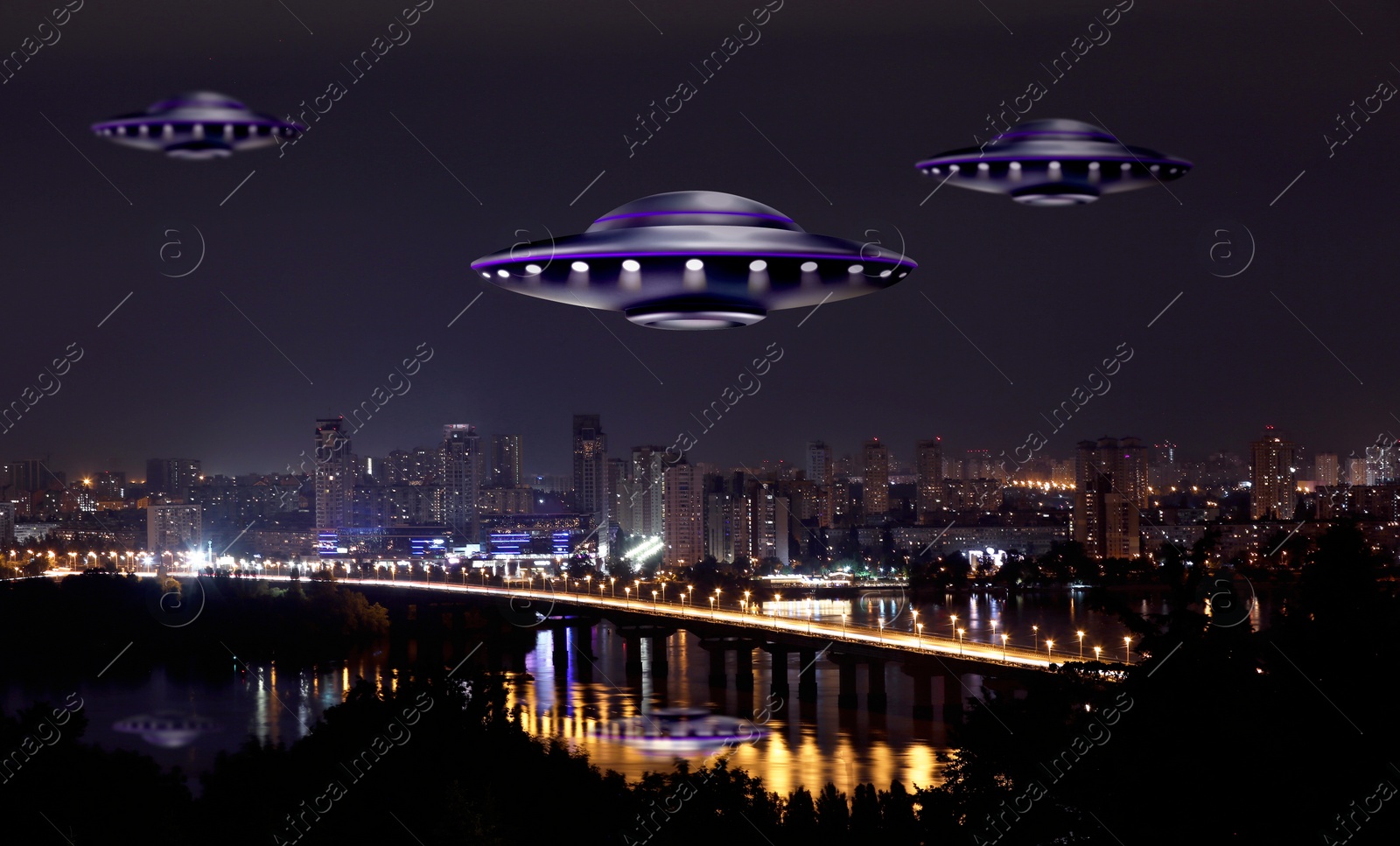 Image of UFO. Alien spaceships flying over night city. Extraterrestrial visitors