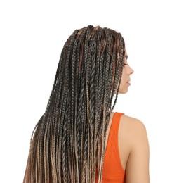 Photo of Woman with long african braids on white background, back view
