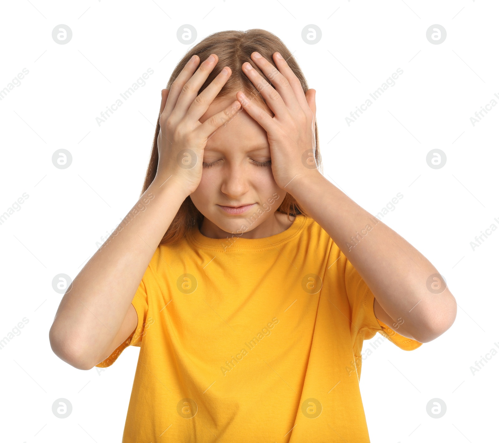 Photo of Portrait of emotional preteen girl on white background