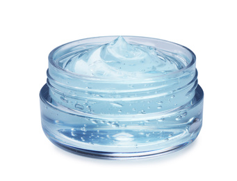 Jar of transparent cosmetic gel on light background