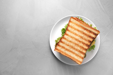 Photo of Freshly made sandwich on grey table, top view. Space for text
