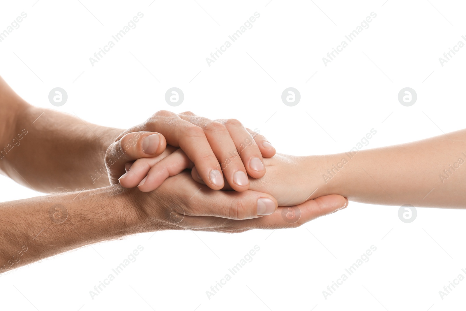 Photo of Man comforting woman on white background, closeup of hands. Help and support concept