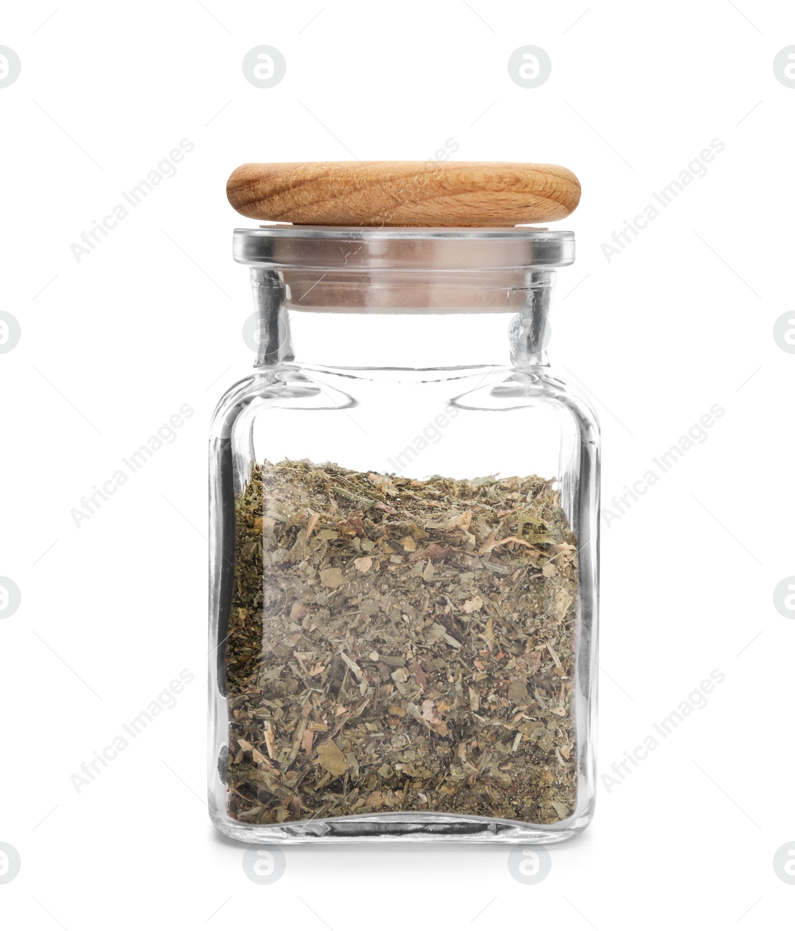 Photo of Glass jar with dried parsley on white background