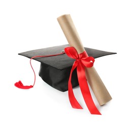 Photo of Graduation hat and diploma on white background