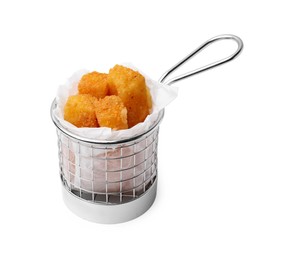 Photo of Tasty fried mozzarella sticks in metal basket isolated on white