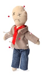 Photo of Voodoo doll dressed as businessman with pins isolated on white