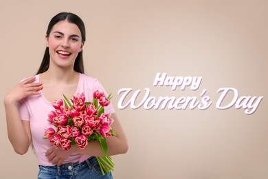 Image of Happy Women's Day - March 8. Attractive lady with bouquet of tulips on beige background