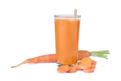 Freshly made carrot juice in glass on white background