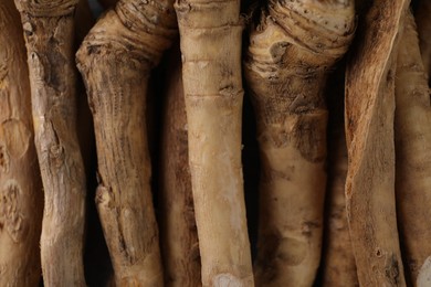Photo of Fresh raw horseradish roots as background, top view