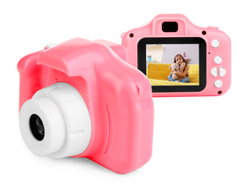 Image of Pink toy cameras on white background in collage, one with photo of cute little girl sitting on sofa at home
