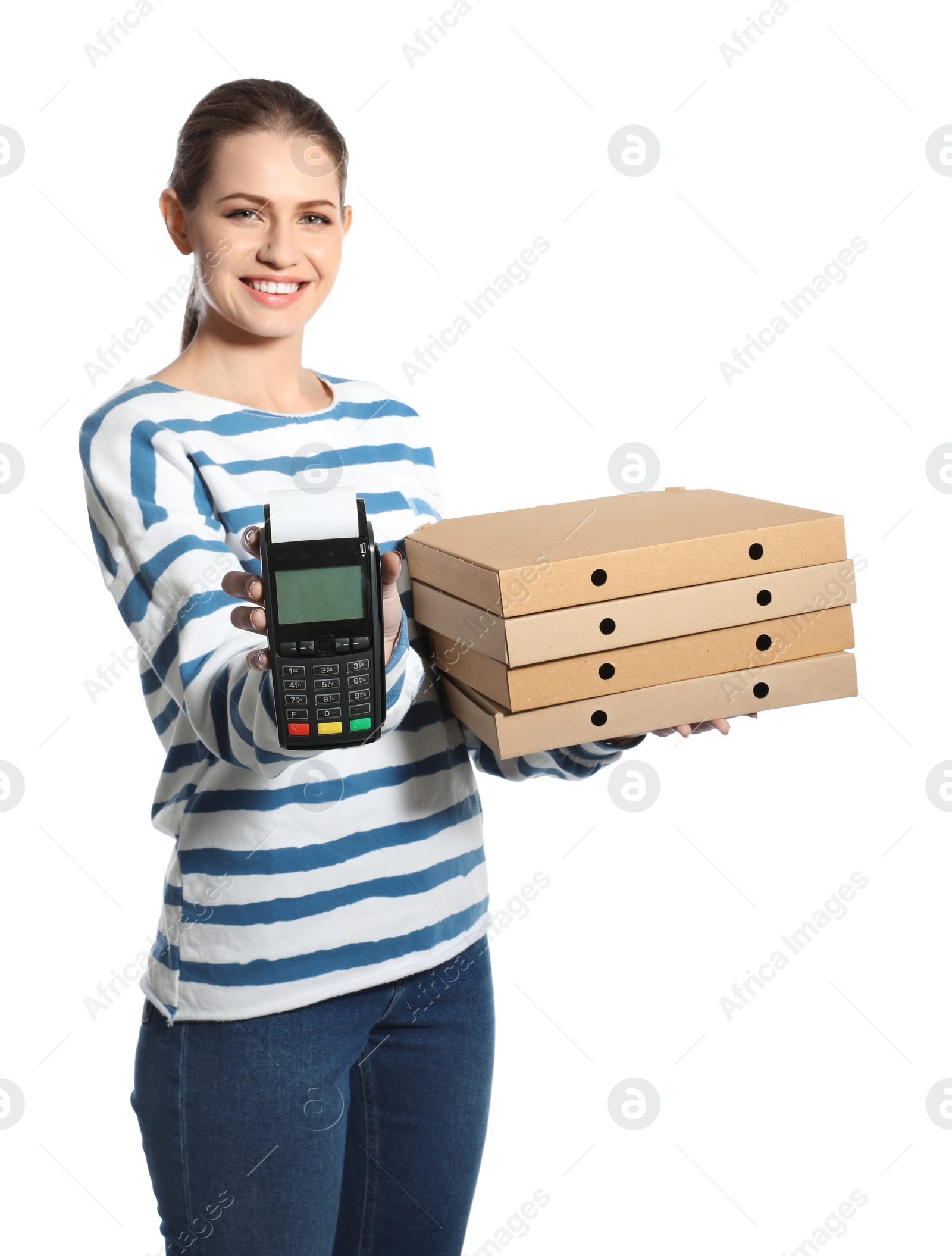 Photo of Smiling courier with pizza boxes and payment terminal isolated on white