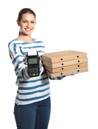 Smiling courier with pizza boxes and payment terminal isolated on white