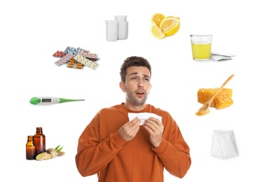 SIck man surrounded by different drugs and products for illness treatment on white background