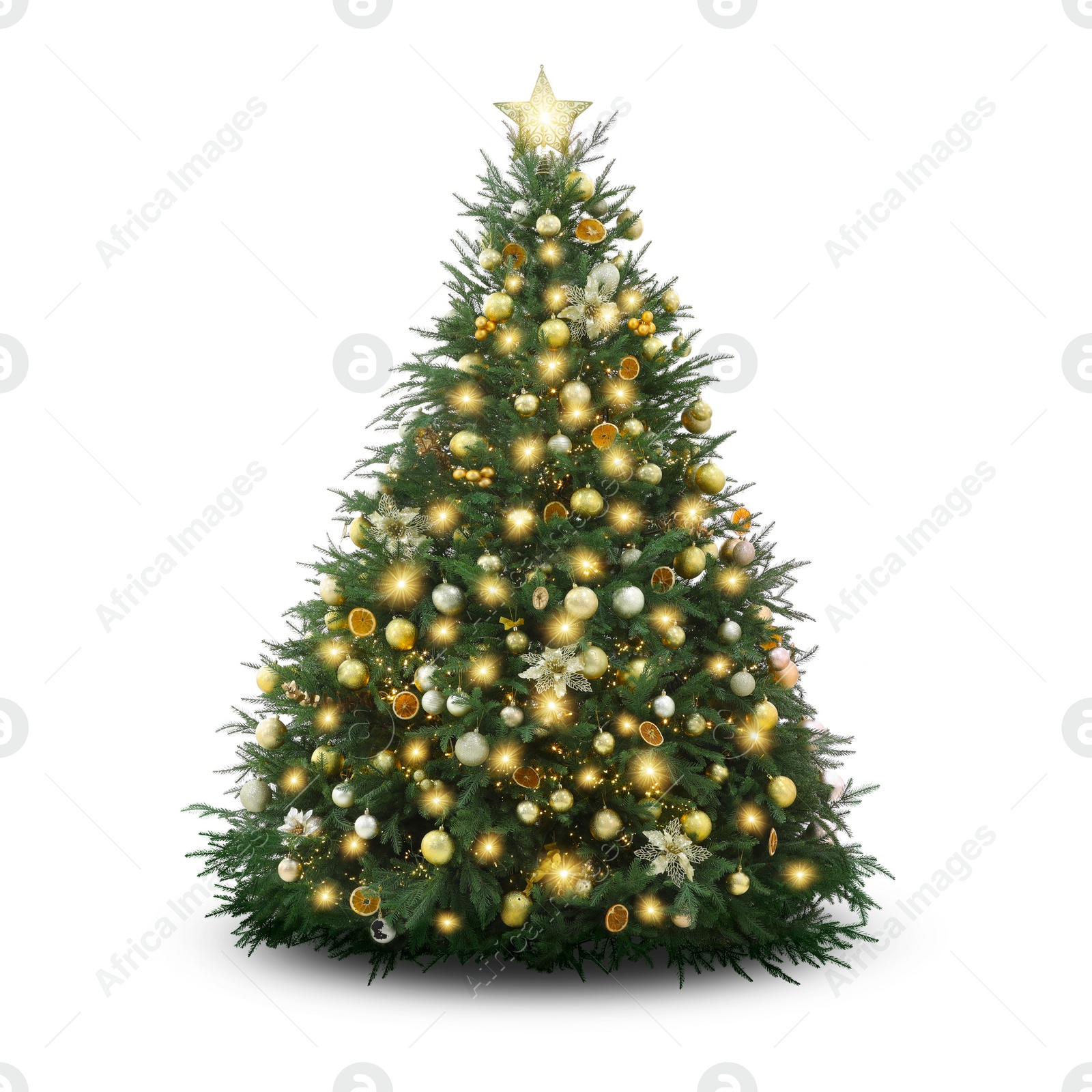 Image of Christmas tree decorated with ornaments and festive lights isolated on white