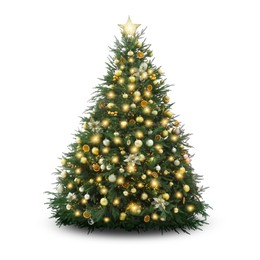 Image of Christmas tree decorated with ornaments and festive lights isolated on white