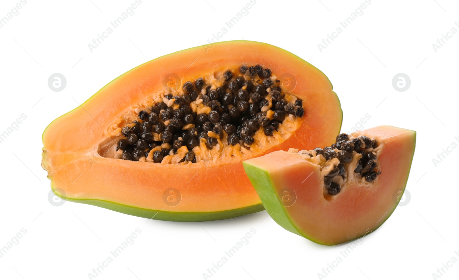 Photo of Fresh cut papaya fruit on white background