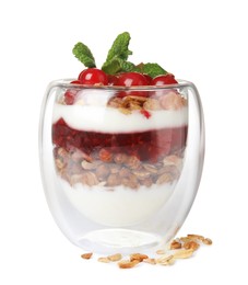 Delicious yogurt parfait with fresh red currants and mint on white background