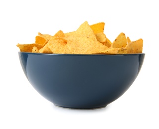 Color ceramic bowl of Mexican nachos chips on white background