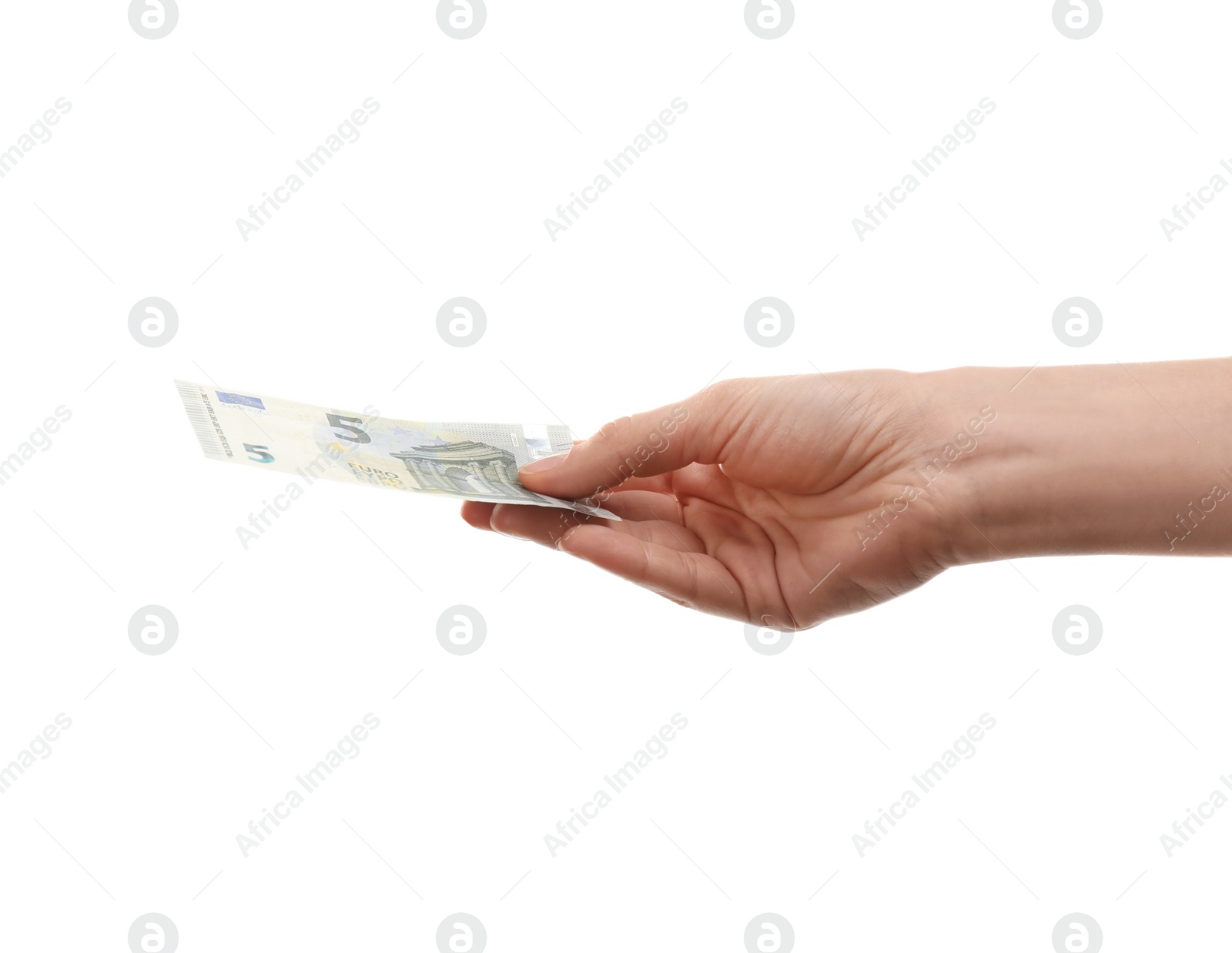 Photo of Woman with euro banknote on white background, closeup. Money and finance
