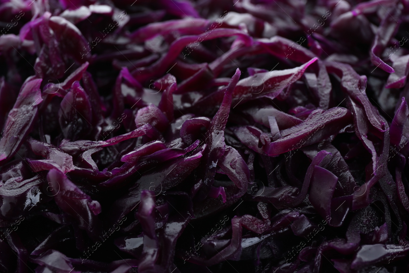 Photo of Tasty red cabbage sauerkraut as background, closeup