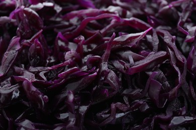 Photo of Tasty red cabbage sauerkraut as background, closeup